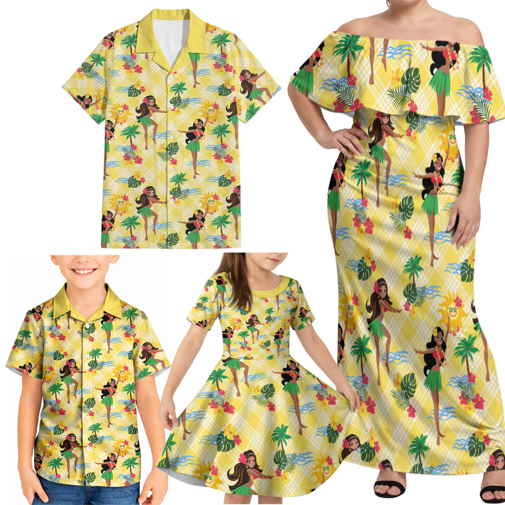Hawaii Hula Girl Tropical Family Matching Off Shoulder Maxi Dress and Hawaiian Shirt Yellow Palaka