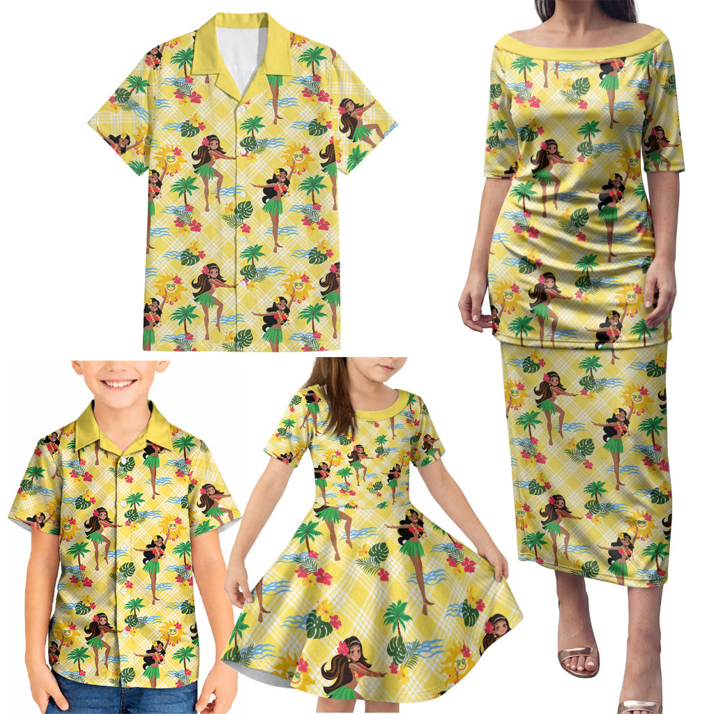 Hawaii Hula Girl Tropical Family Matching Puletasi and Hawaiian Shirt Yellow Palaka