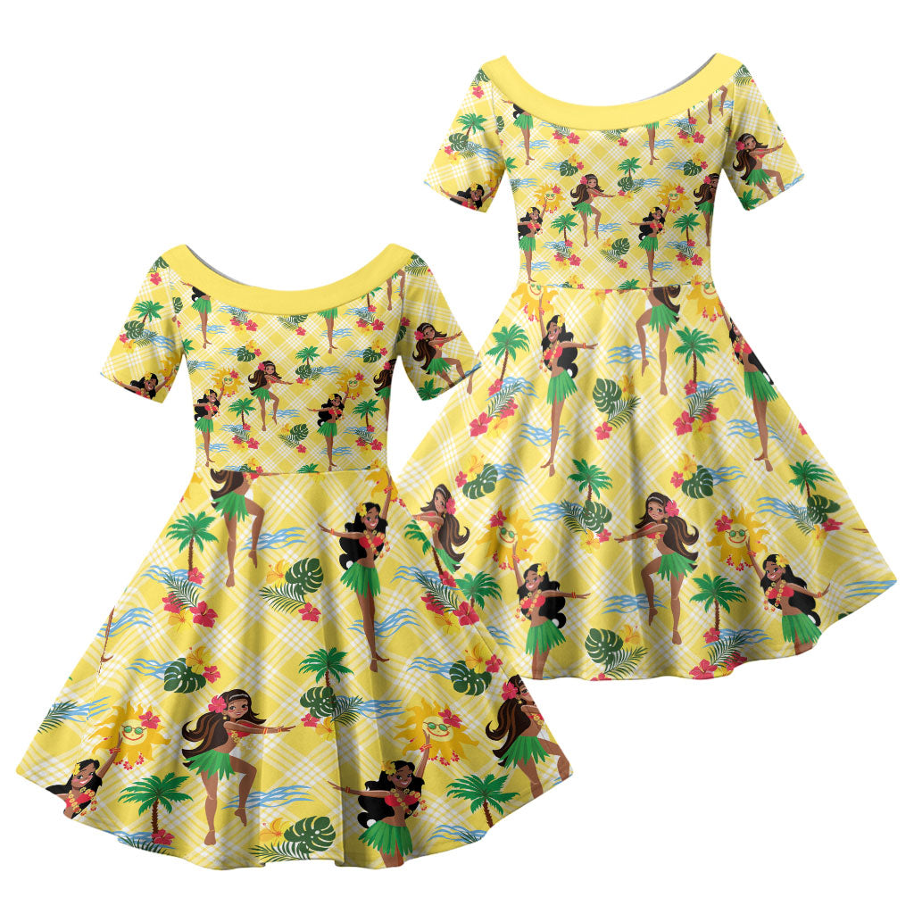 Hawaii Hula Girl Tropical Family Matching Puletasi and Hawaiian Shirt Yellow Palaka