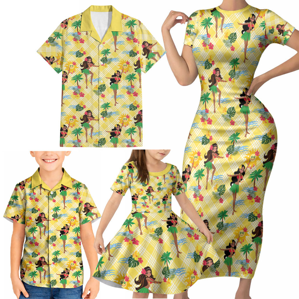 Hawaii Hula Girl Tropical Family Matching Short Sleeve Bodycon Dress and Hawaiian Shirt Yellow Palaka