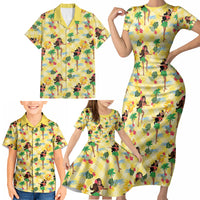 Hawaii Hula Girl Tropical Family Matching Short Sleeve Bodycon Dress and Hawaiian Shirt Yellow Palaka