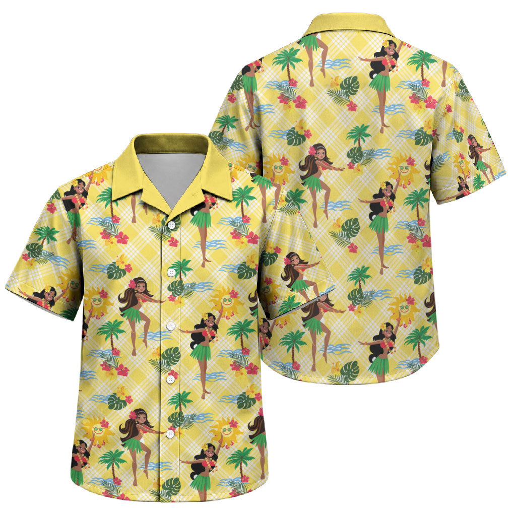 Hawaii Hula Girl Tropical Family Matching Short Sleeve Bodycon Dress and Hawaiian Shirt Yellow Palaka