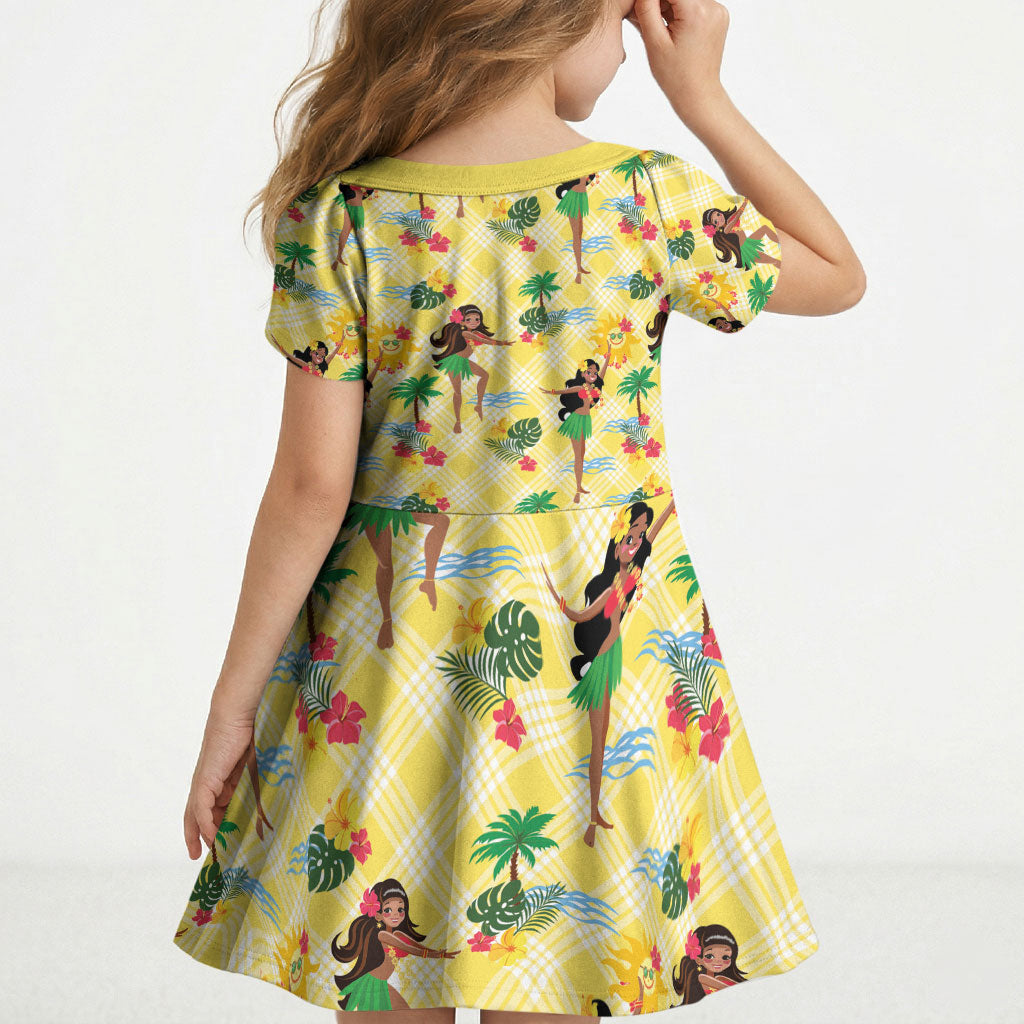 Hawaii Hula Girl Tropical Kid Short Sleeve Dress Yellow Palaka