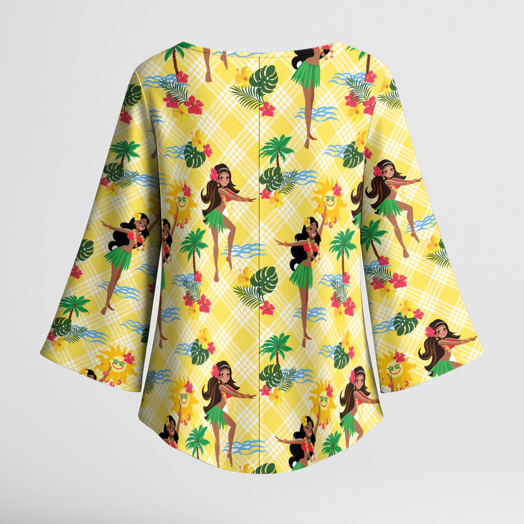 Hawaii Hula Girl Tropical Kimono Sleeve Blouse Yellow Palaka