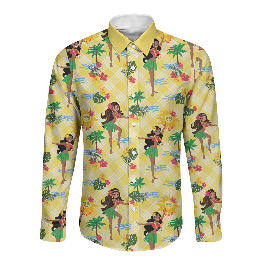 Hawaii Hula Girl Tropical Long Sleeve Button Shirt Yellow Palaka