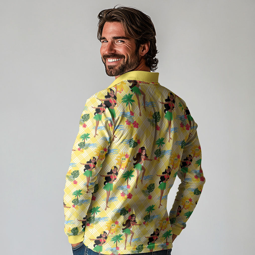 Hawaii Hula Girl Tropical Long Sleeve Polo Shirt Yellow Palaka