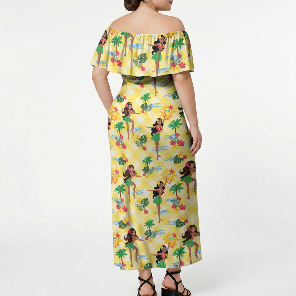 Hawaii Hula Girl Tropical Off Shoulder Maxi Dress Yellow Palaka