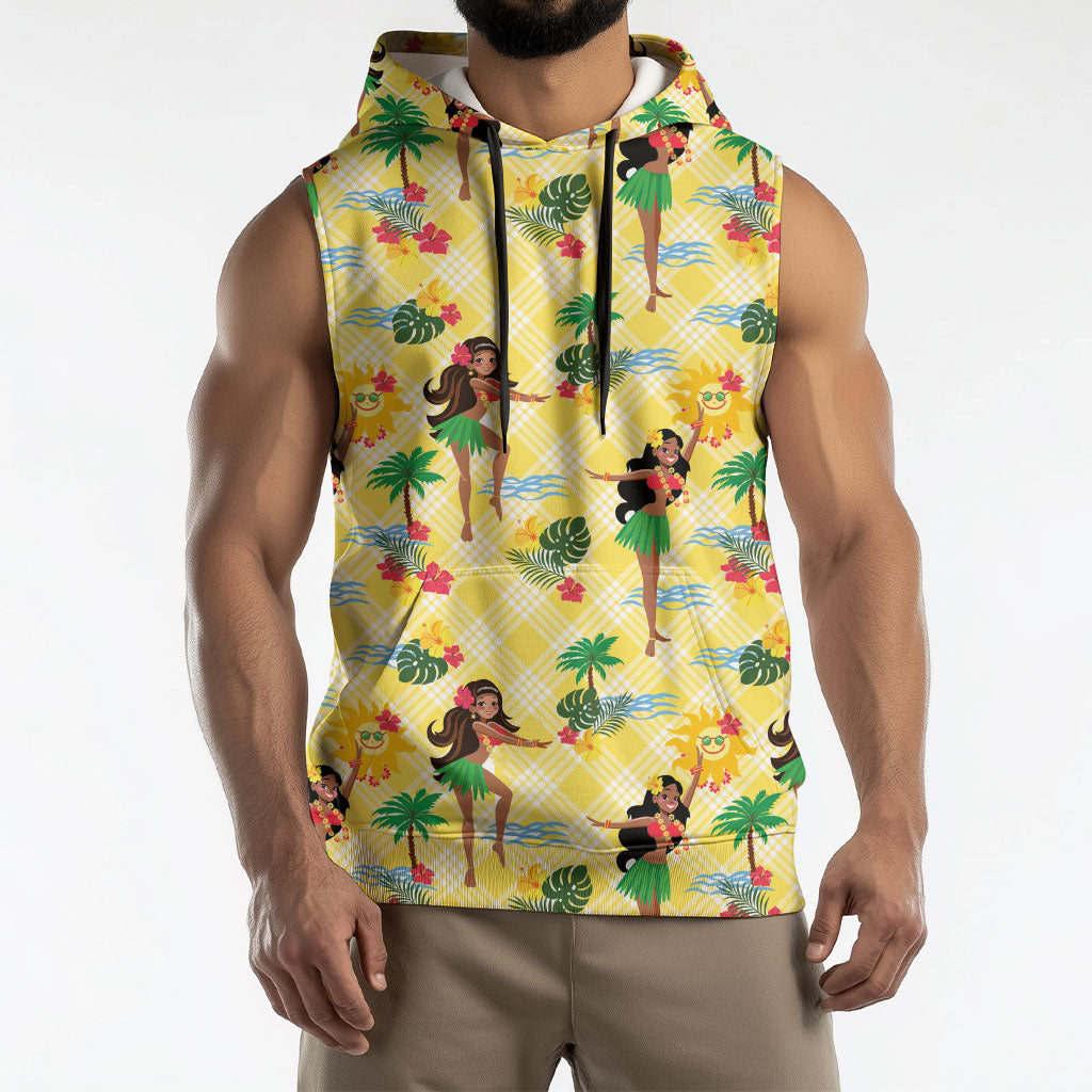 Hawaii Hula Girl Tropical Sleeveless Hoodie Yellow Palaka