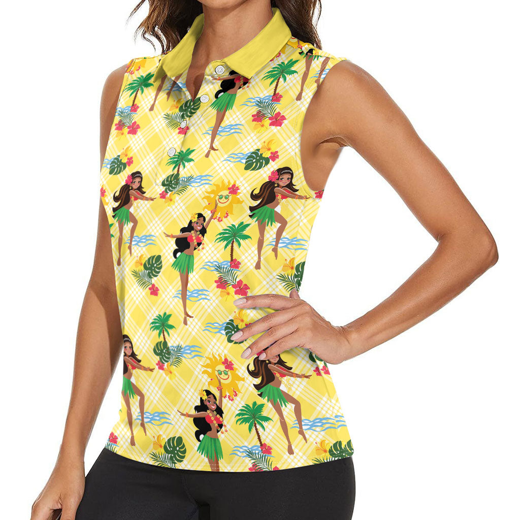 Hawaii Hula Girl Tropical Women Sleeveless Polo Shirt Yellow Palaka
