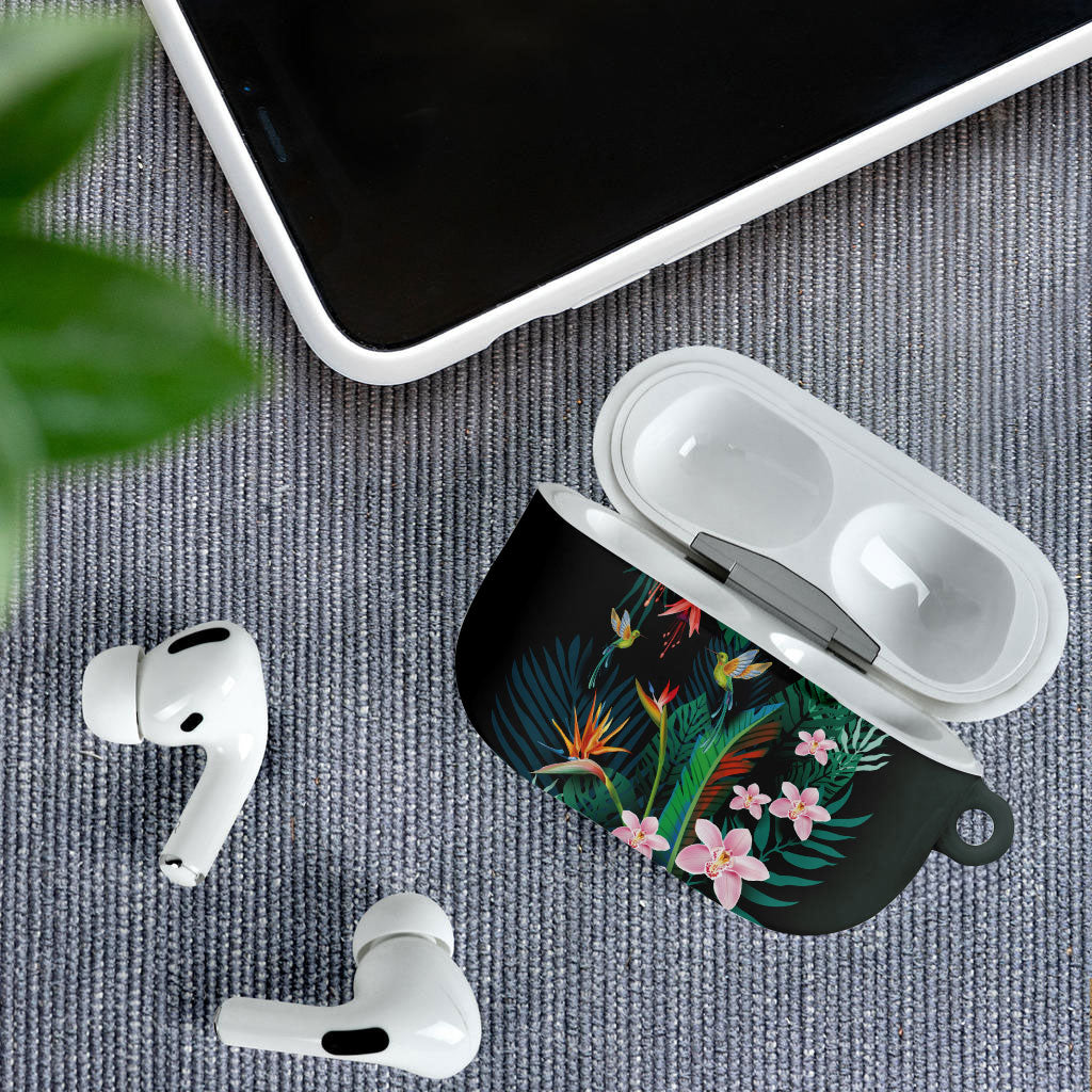 Hawaii Hummingbird Tropical Flowers AirPods Case Dark Green