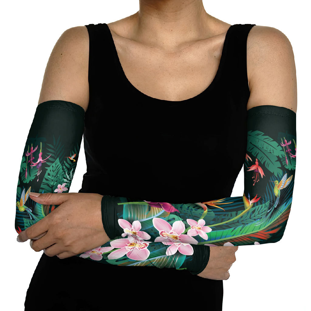 Hawaii Hummingbird Tropical Flowers Arm Sleeves Dark Green