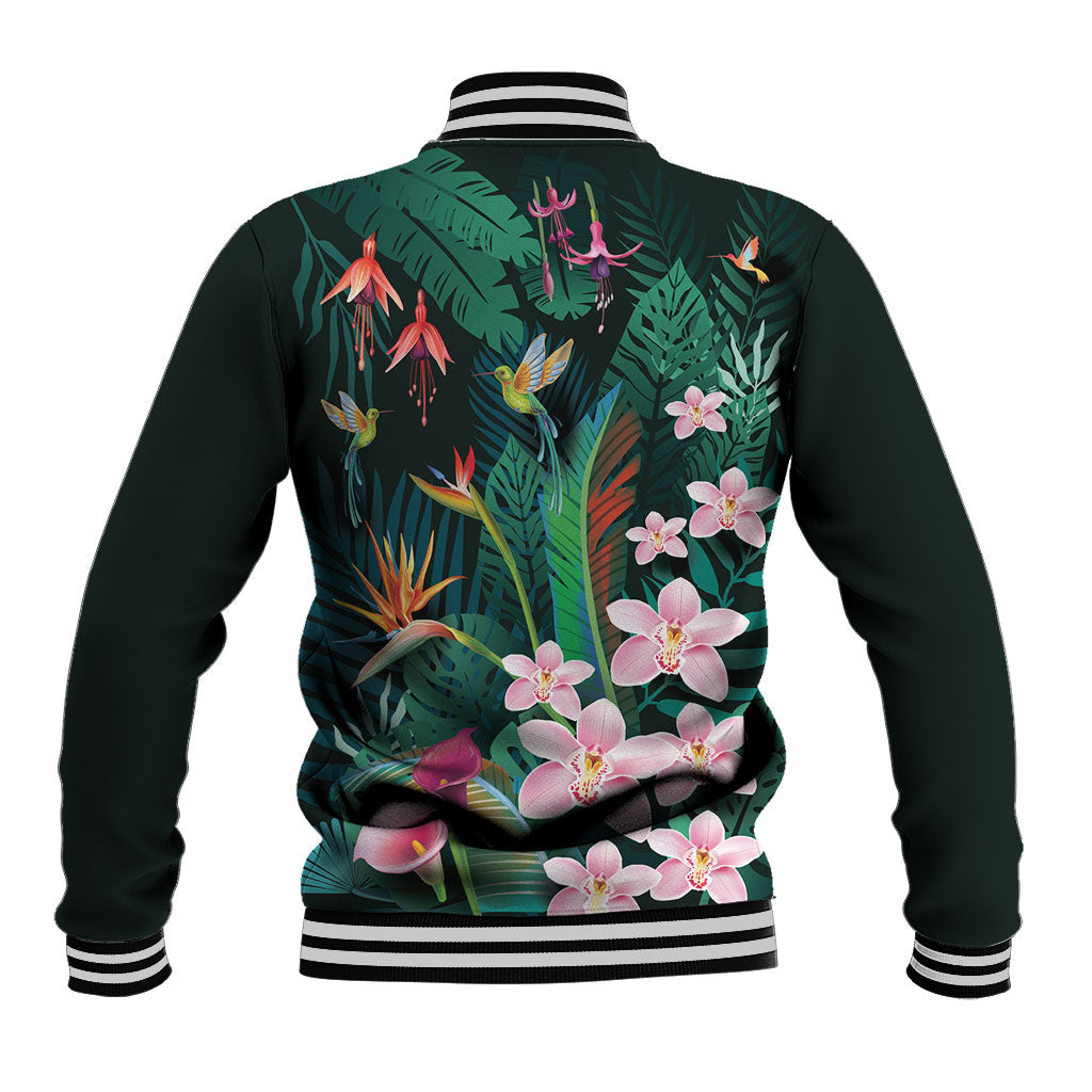 Hawaii Hummingbird Tropical Flowers Baseball Jacket Dark Green