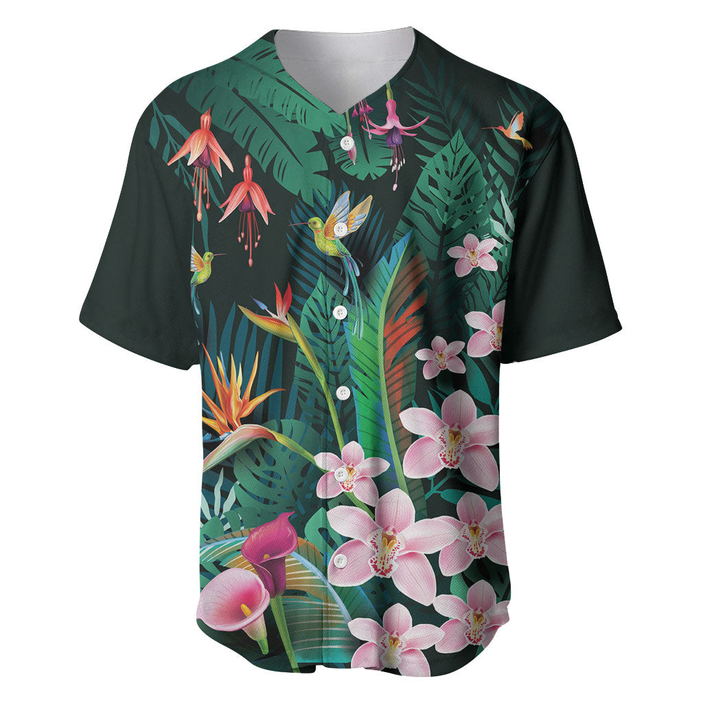Hawaii Hummingbird Tropical Flowers Baseball Jersey Dark Green