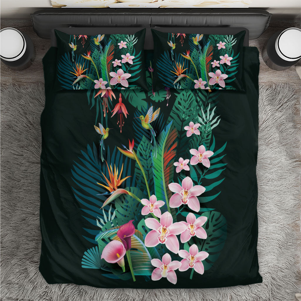 Hawaii Hummingbird Tropical Flowers Bedding Set Dark Green