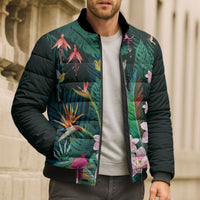 Hawaii Hummingbird Tropical Flowers Bomber Puffer Jacket Dark Green