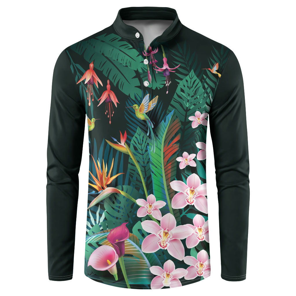 Hawaii Hummingbird Tropical Flowers Button Sweatshirt Dark Green LT01 Green - Polynesian Pride
