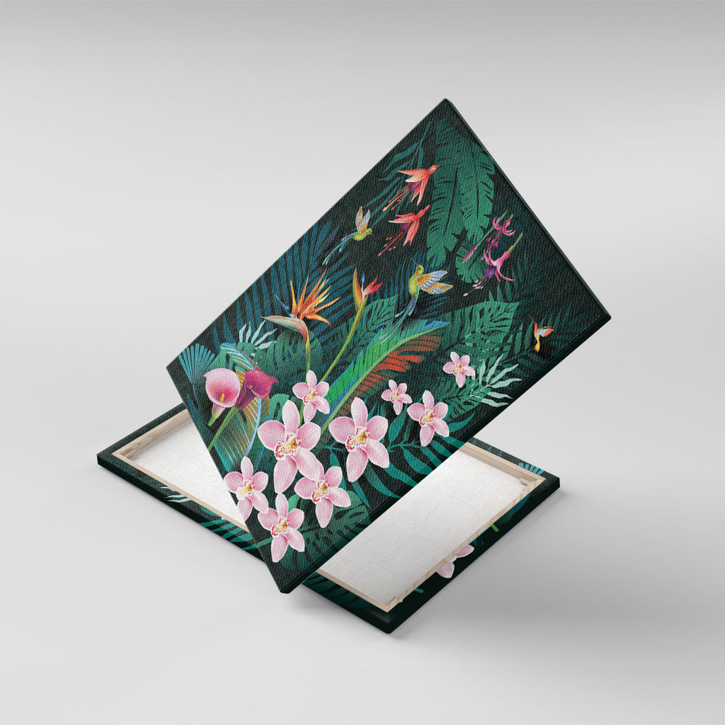 Hawaii Hummingbird Tropical Flowers Canvas Wall Art Dark Green