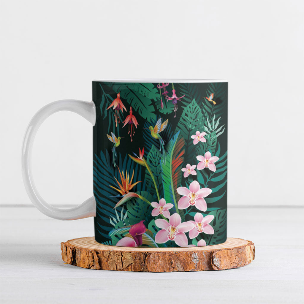 Hawaii Hummingbird Tropical Flowers Ceramic Mug Dark Green