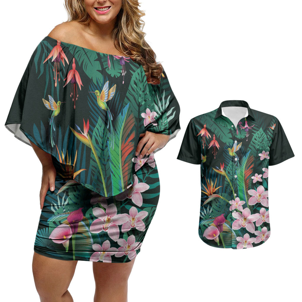 Hawaii Hummingbird Tropical Flowers Couples Matching Off Shoulder Short Dress and Hawaiian Shirt Dark Green