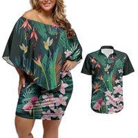 Hawaii Hummingbird Tropical Flowers Couples Matching Off Shoulder Short Dress and Hawaiian Shirt Dark Green
