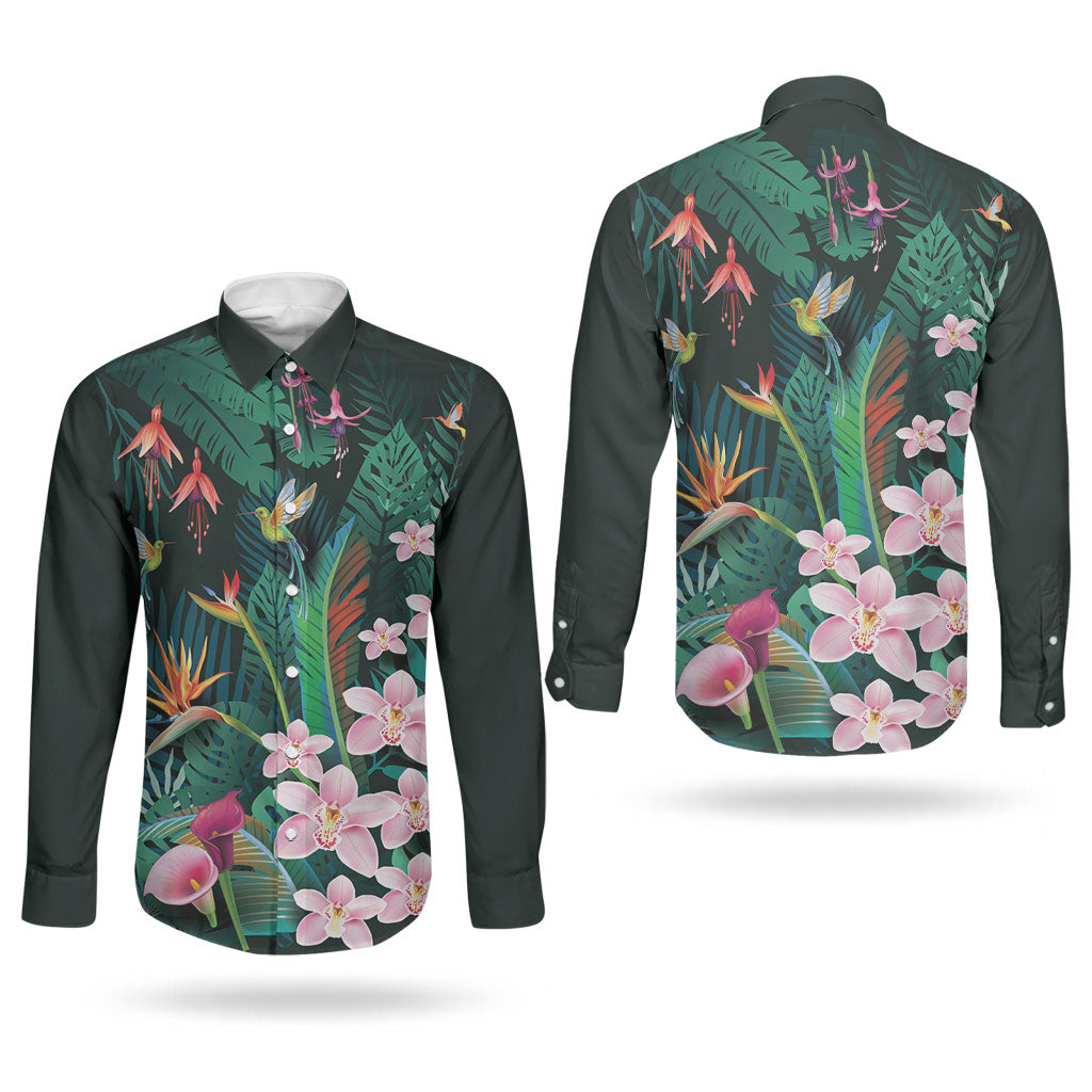 Hawaii Hummingbird Tropical Flowers Couples Matching Off The Shoulder Long Sleeve Dress and Long Sleeve Button Shirt Dark Green