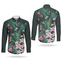 Hawaii Hummingbird Tropical Flowers Couples Matching Off The Shoulder Long Sleeve Dress and Long Sleeve Button Shirt Dark Green