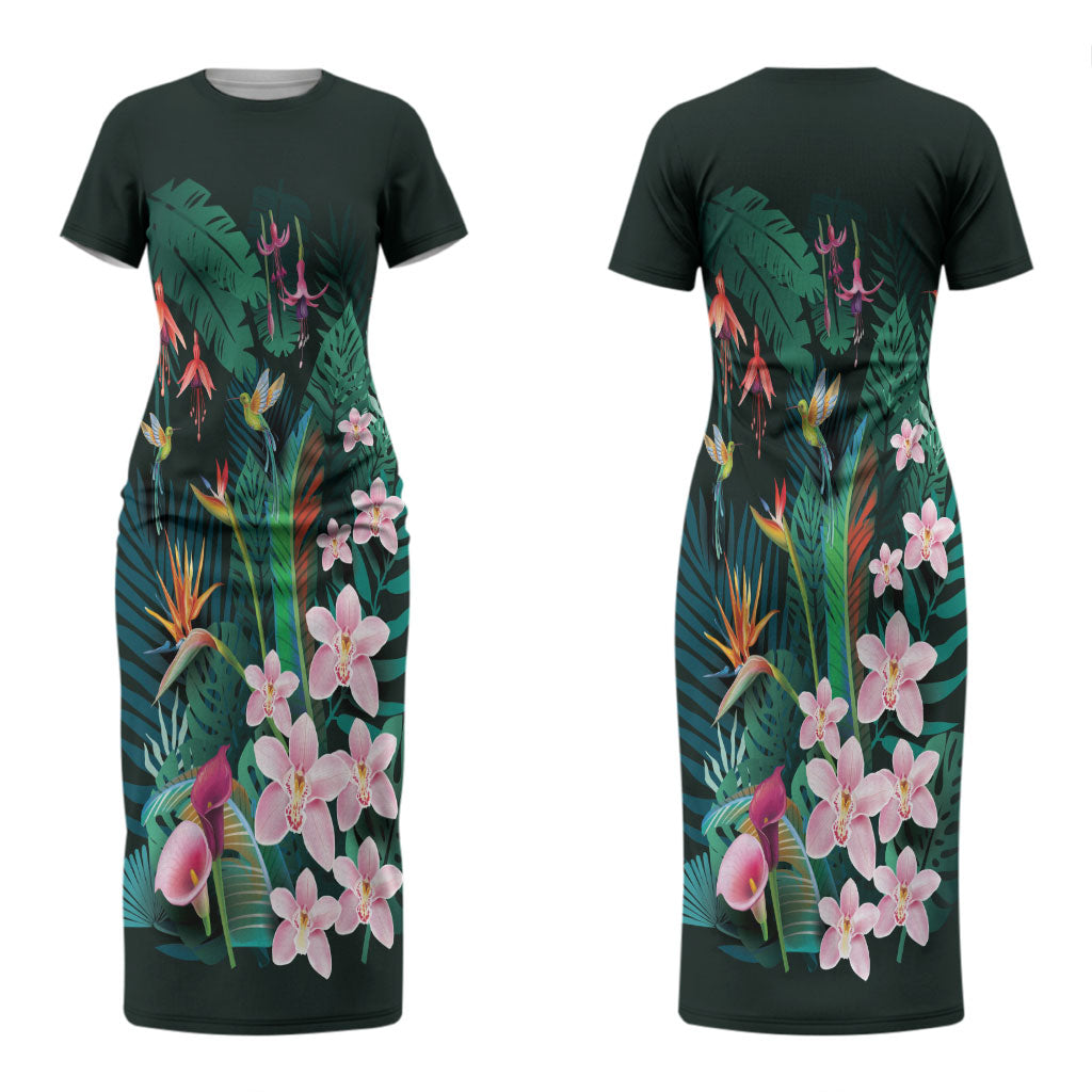 Hawaii Hummingbird Tropical Flowers Couples Matching Short Sleeve Bodycon Dress and Long Sleeve Button Shirt Dark Green