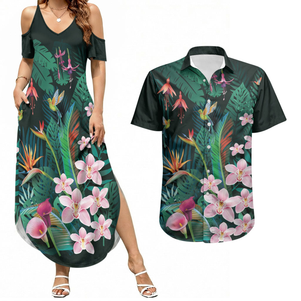 Hawaii Hummingbird Tropical Flowers Couples Matching Summer Maxi Dress and Hawaiian Shirt Dark Green