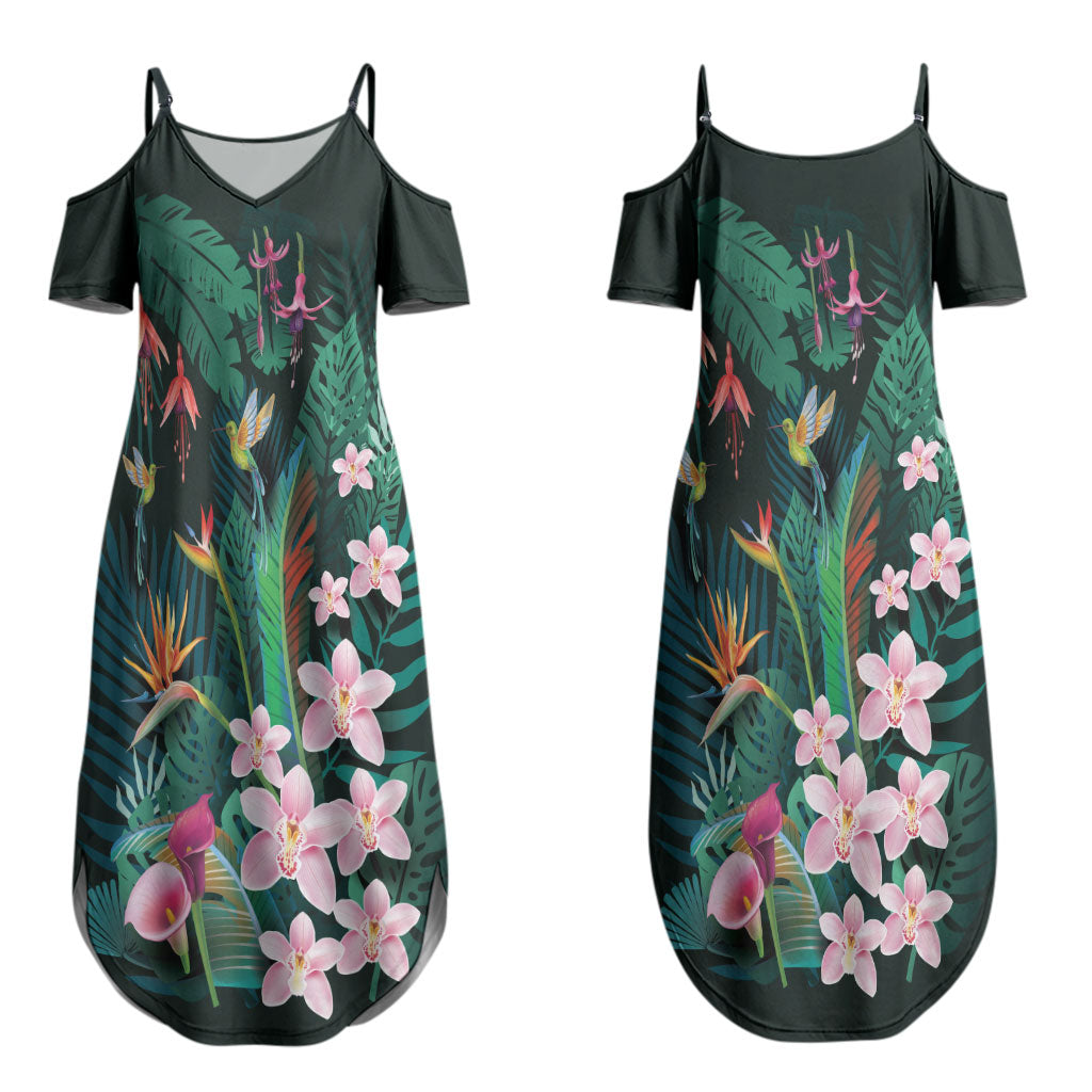 Hawaii Hummingbird Tropical Flowers Couples Matching Summer Maxi Dress and Hawaiian Shirt Dark Green