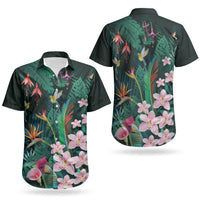 Hawaii Hummingbird Tropical Flowers Couples Matching Tank Maxi Dress and Hawaiian Shirt Dark Green