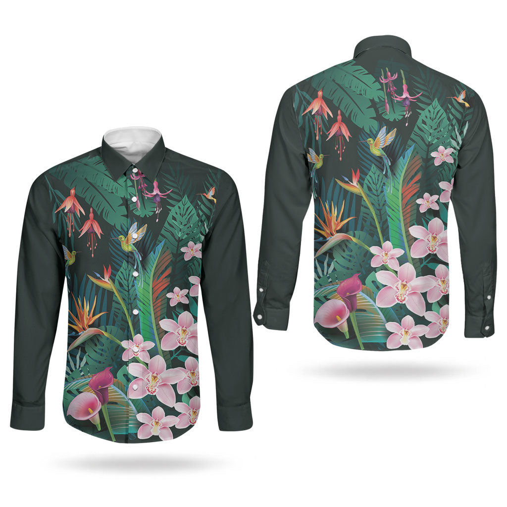 Hawaii Hummingbird Tropical Flowers Couples Matching Tank Maxi Dress and Long Sleeve Button Shirt Dark Green