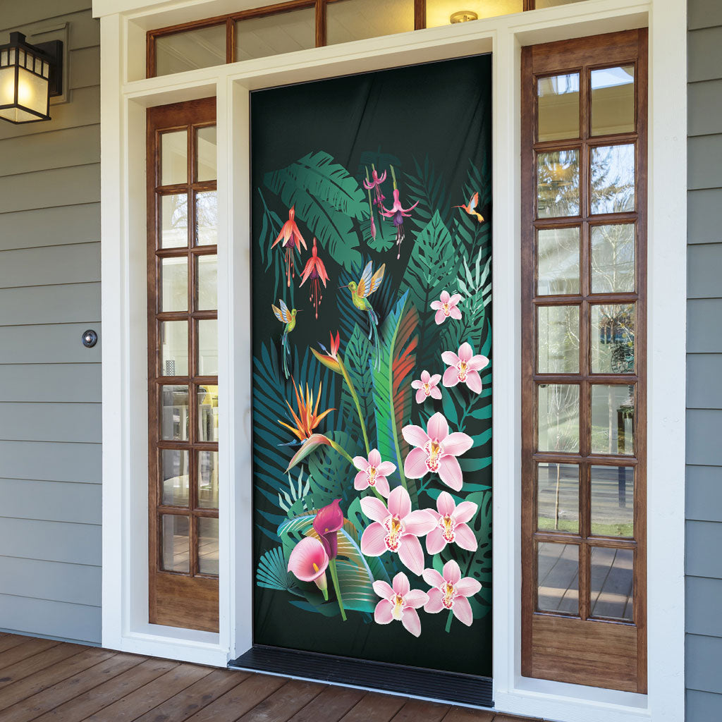 Hawaii Hummingbird Tropical Flowers Door Cover Dark Green