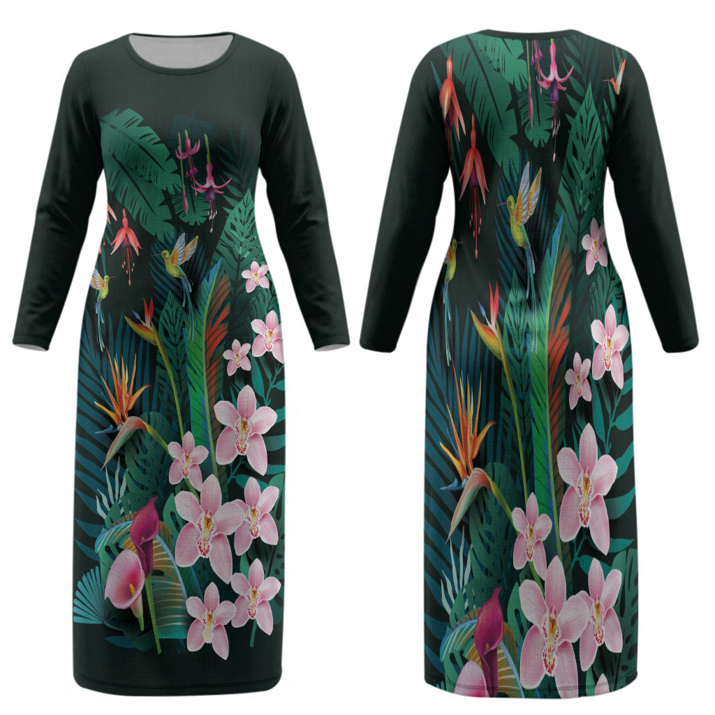 Hawaii Hummingbird Tropical Flowers Family Matching Long Sleeve Bodycon Dress and Hawaiian Shirt Dark Green