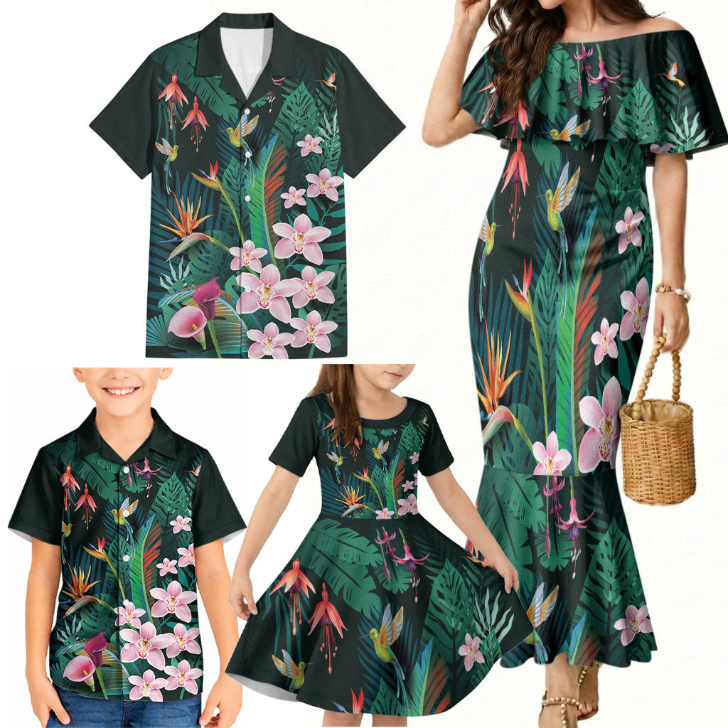 Hawaii Hummingbird Tropical Flowers Family Matching Mermaid Dress and Hawaiian Shirt Dark Green