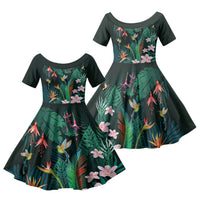Hawaii Hummingbird Tropical Flowers Family Matching Mermaid Dress and Hawaiian Shirt Dark Green