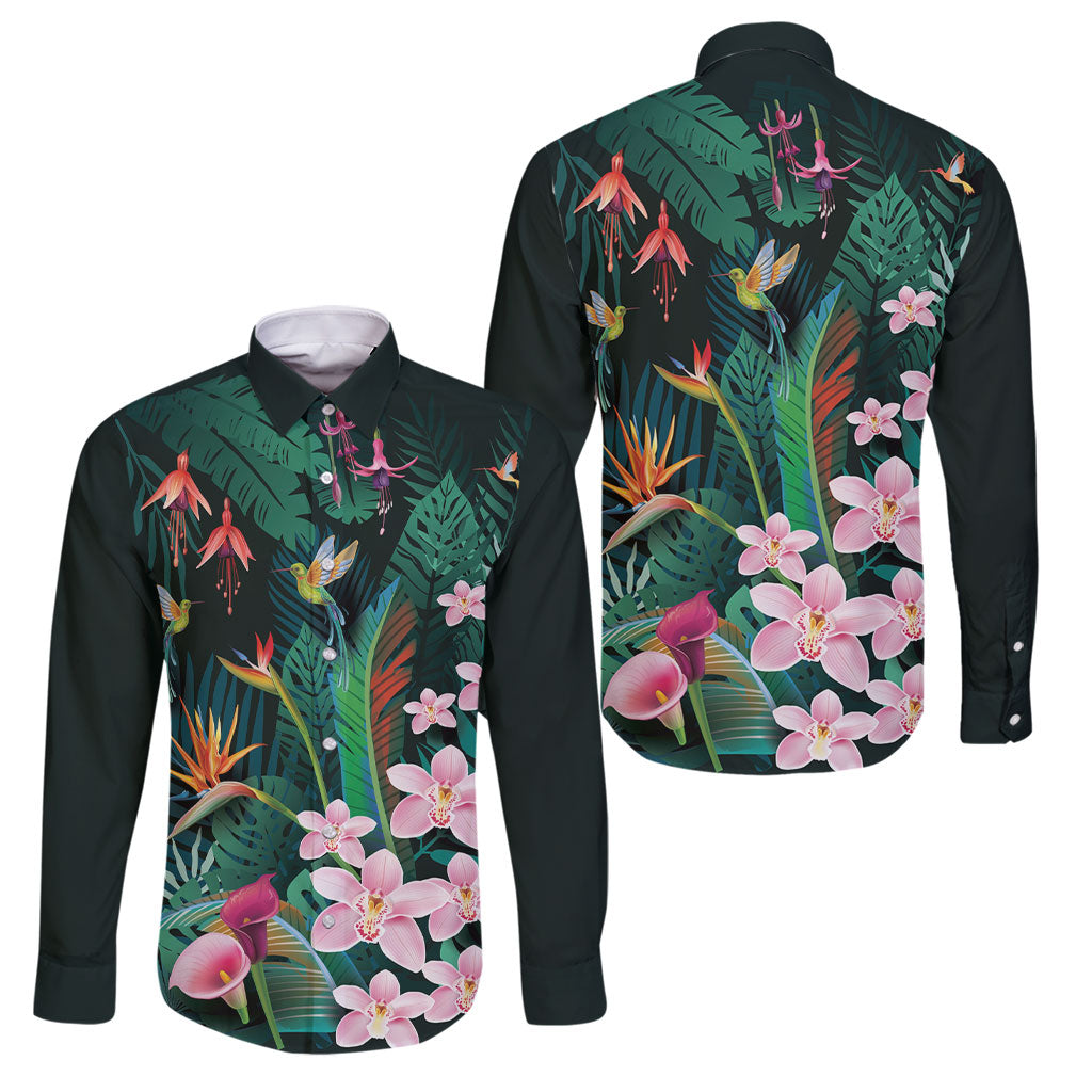 Hawaii Hummingbird Tropical Flowers Family Matching Off The Shoulder Long Sleeve Dress and Hawaiian Shirt Dark Green