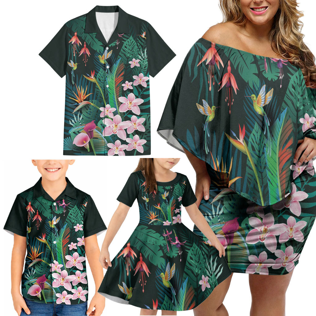 Hawaii Hummingbird Tropical Flowers Family Matching Off Shoulder Short Dress and Hawaiian Shirt Dark Green