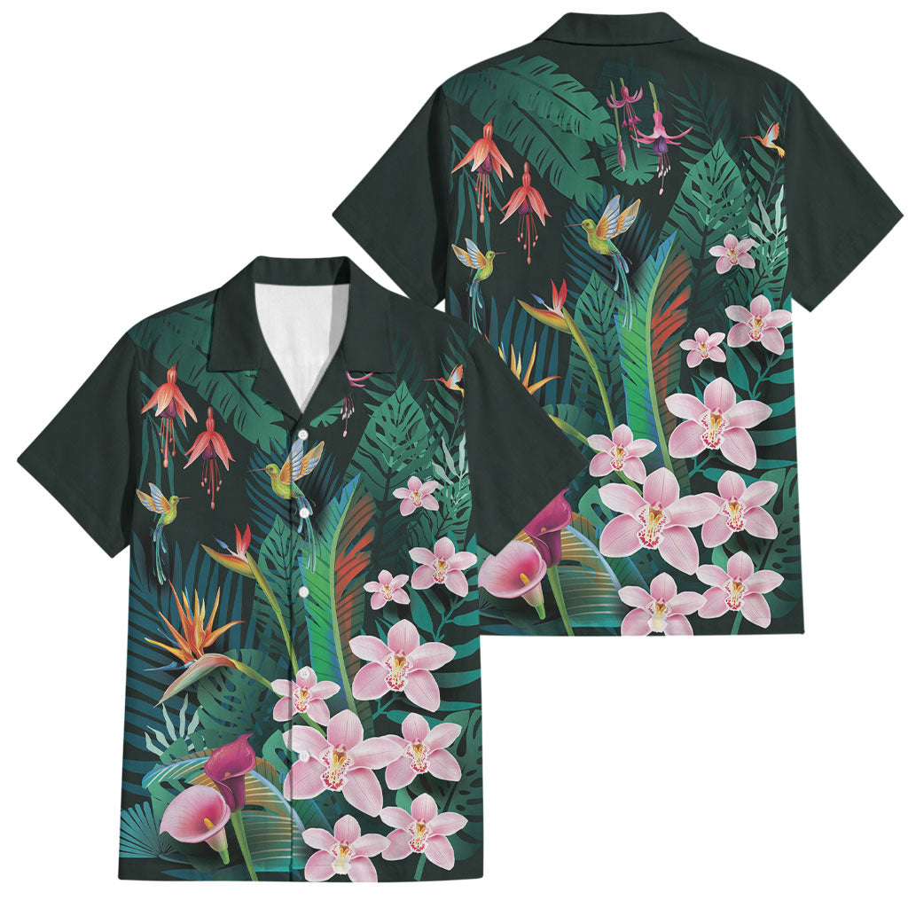 Hawaii Hummingbird Tropical Flowers Family Matching Off Shoulder Short Dress and Hawaiian Shirt Dark Green