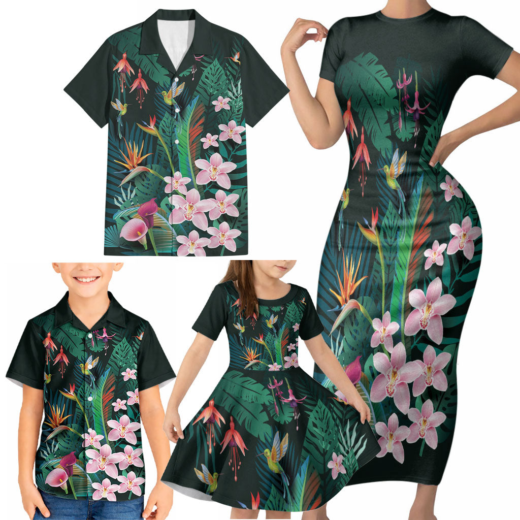 Hawaii Hummingbird Tropical Flowers Family Matching Short Sleeve Bodycon Dress and Hawaiian Shirt Dark Green LT01 - Polynesian Pride