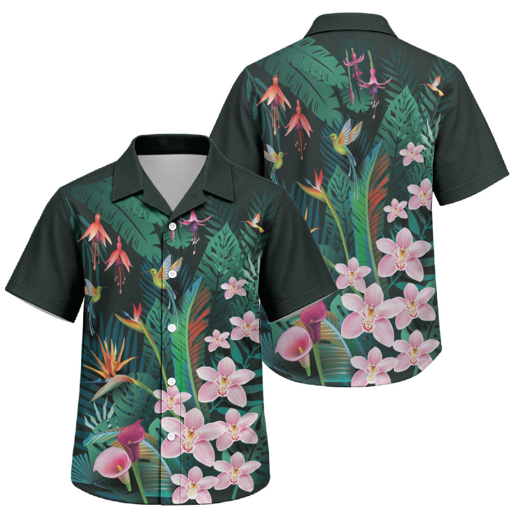 Hawaii Hummingbird Tropical Flowers Family Matching Short Sleeve Bodycon Dress and Hawaiian Shirt Dark Green