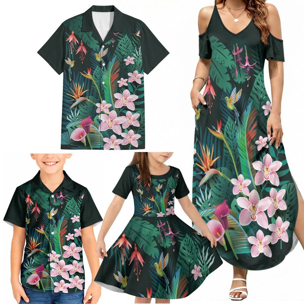 Hawaii Hummingbird Tropical Flowers Family Matching Summer Maxi Dress and Hawaiian Shirt Dark Green