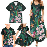 Hawaii Hummingbird Tropical Flowers Family Matching Summer Maxi Dress and Hawaiian Shirt Dark Green