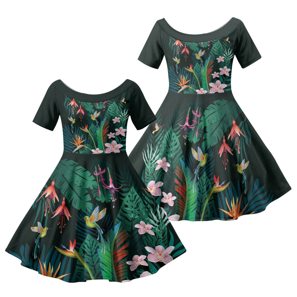 Hawaii Hummingbird Tropical Flowers Family Matching Tank Maxi Dress and Hawaiian Shirt Dark Green