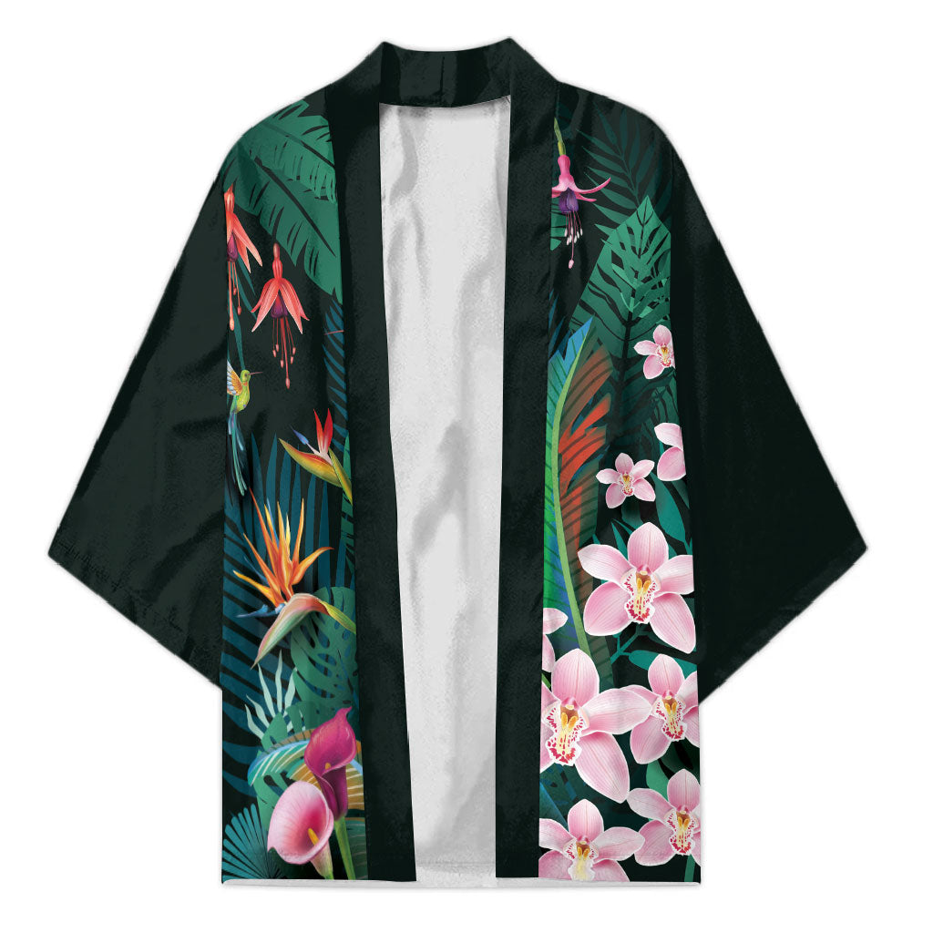 Hawaii Hummingbird Tropical Flowers Kimono Dark Green LT01 Unisex Green - Polynesian Pride