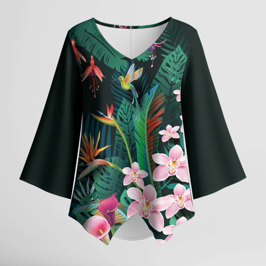 Hawaii Hummingbird Tropical Flowers Kimono Sleeve Blouse Dark Green