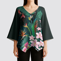 Hawaii Hummingbird Tropical Flowers Kimono Sleeve Blouse Dark Green