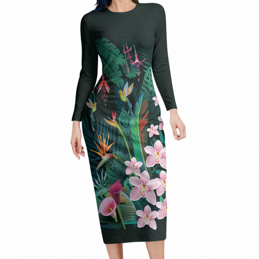 Hawaii Hummingbird Tropical Flowers Long Sleeve Bodycon Dress Dark Green