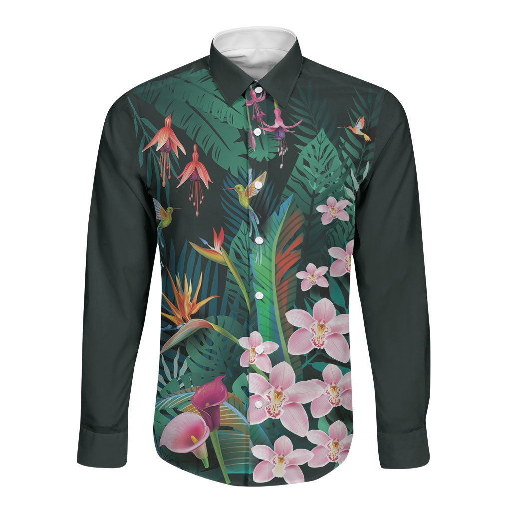 Hawaii Hummingbird Tropical Flowers Long Sleeve Button Shirt Dark Green LT01 Unisex Green - Polynesian Pride