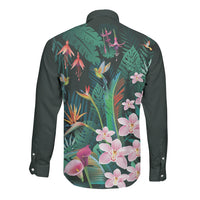 Hawaii Hummingbird Tropical Flowers Long Sleeve Button Shirt Dark Green