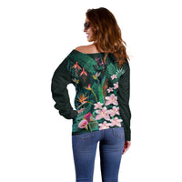 Hawaii Hummingbird Tropical Flowers Off Shoulder Sweater Dark Green